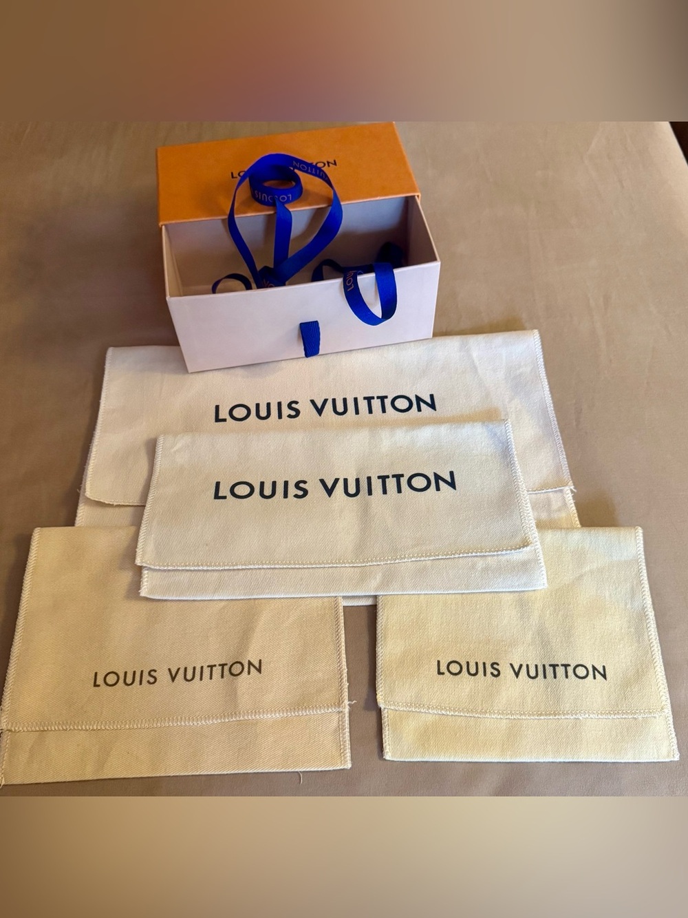 Louis Vuitton Beige/Cream Dust Bags with Orange Box and Blue Ribbon